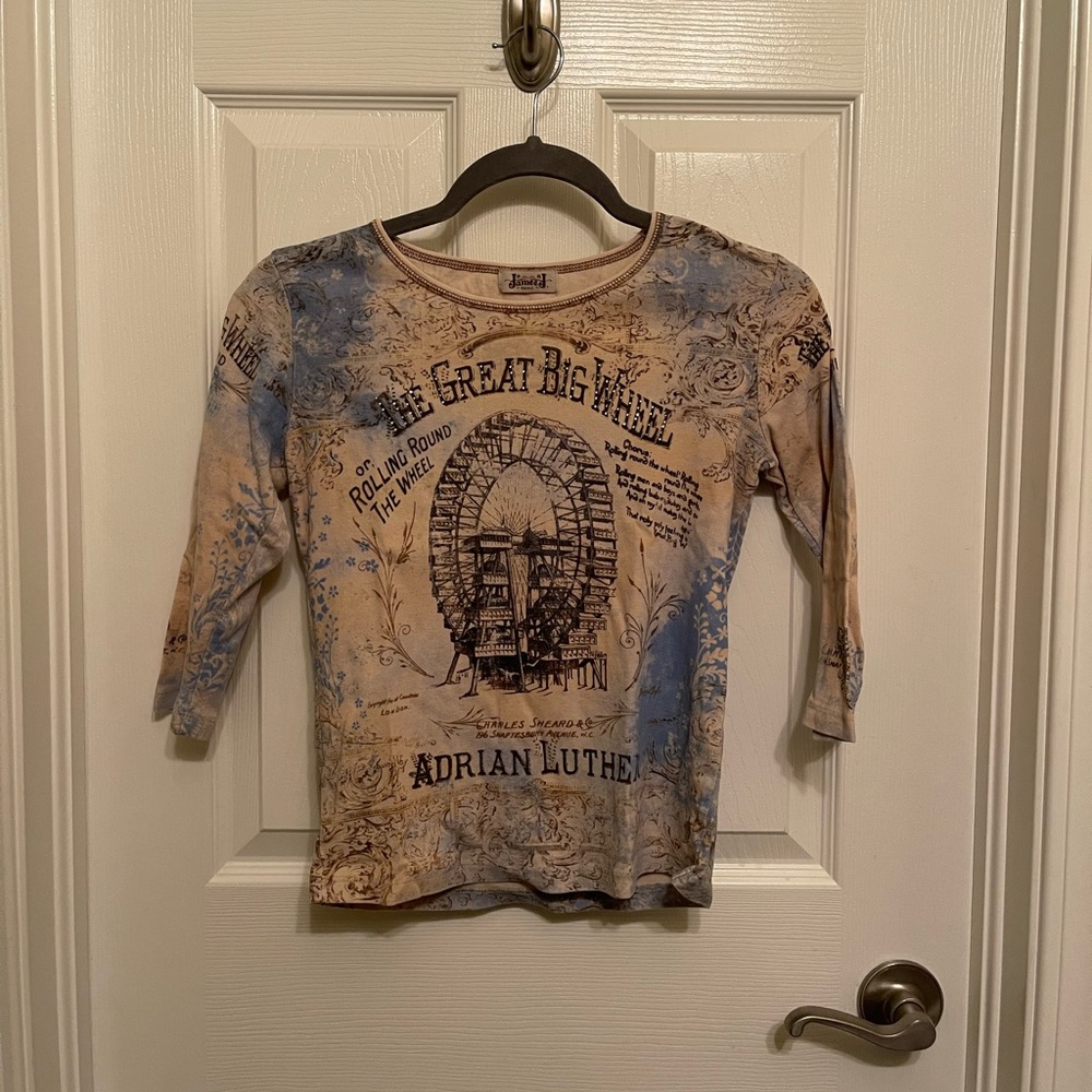Vintage Y2K Jamee J "The Great Big Wheel" rhinestone quarter sleeve shirt